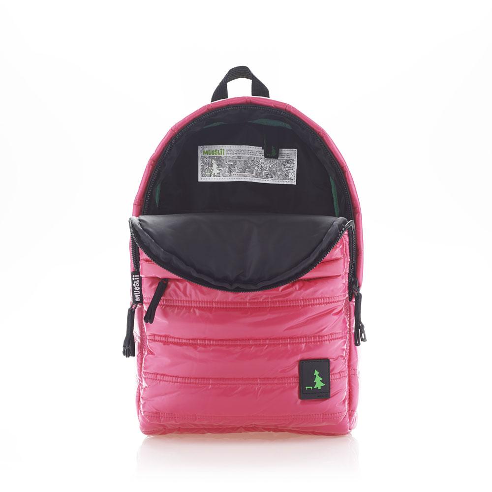 Mueslii original puffer daily backpack made of high density nylon and Ykk zips, color persian pink, inside view.