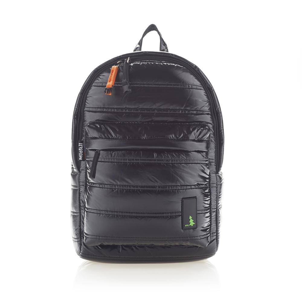 Mueslii original puffer daily backpack made of high density nylon and Ykk zips, color pitch black, front view.