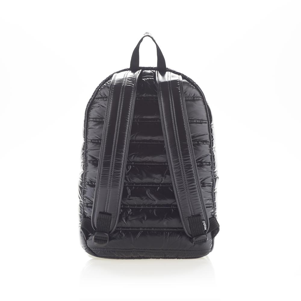 Mueslii original puffer daily backpack made of high density nylon and Ykk zips, color black, back view.