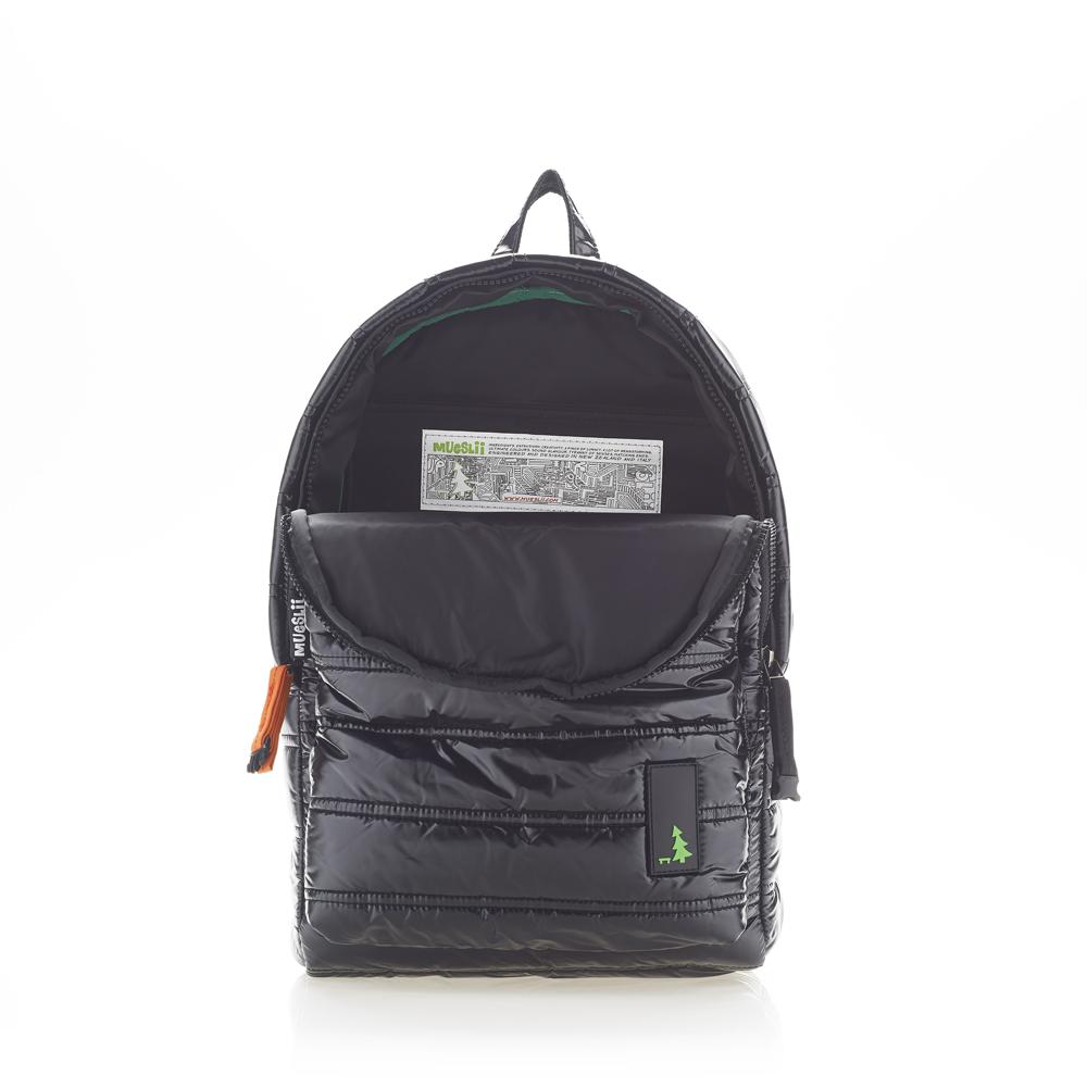 Mueslii original puffer daily backpack made of high density nylon and Ykk zips, color black, inside view.