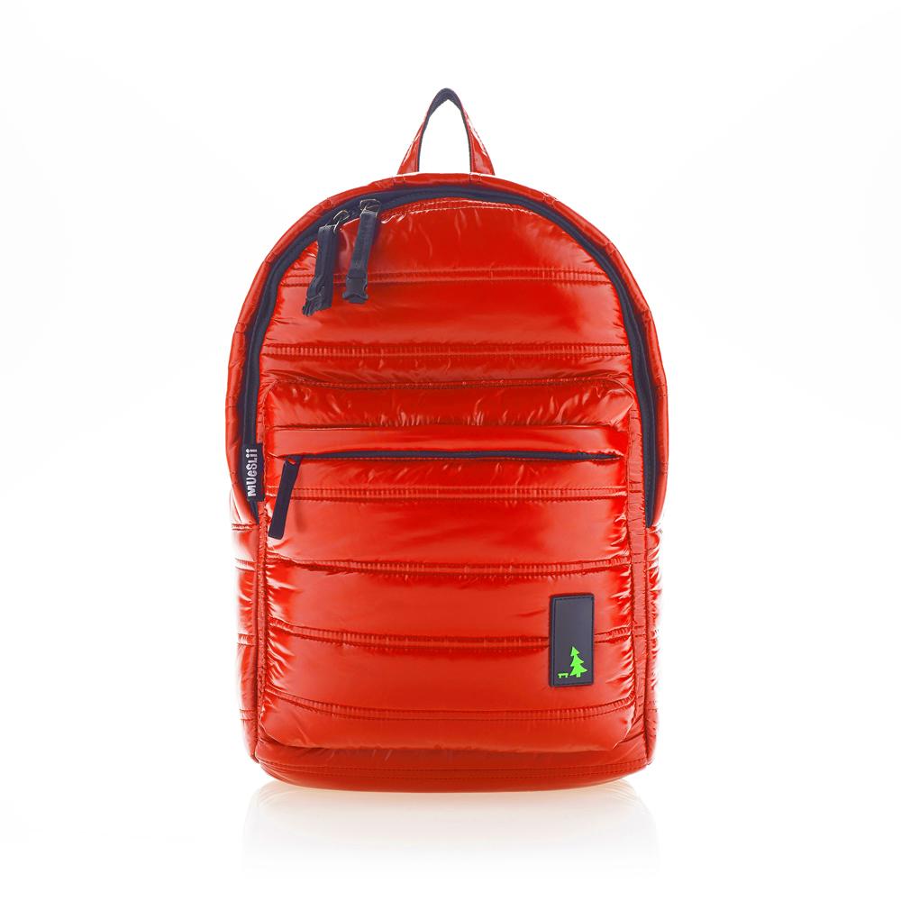 Mueslii original puffer daily backpack made of high density nylon and Ykk zips, color crimson red, front view.