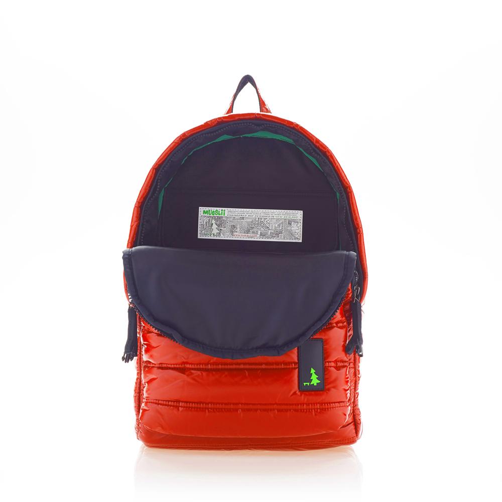 Mueslii original puffer daily backpack made of high density nylon and Ykk zips, color crimson red, inside view.