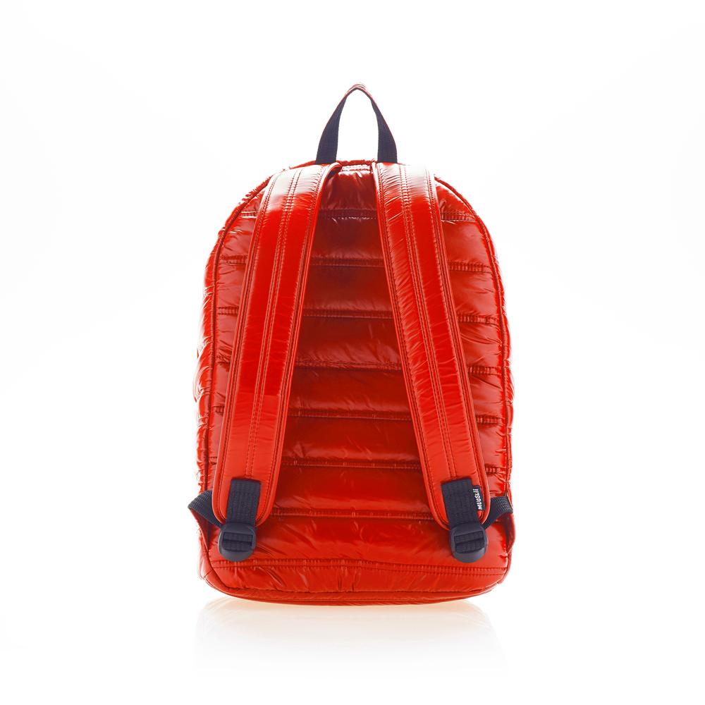 Mueslii original puffer daily backpack made of high density nylon and Ykk zips, color crimson red, back view.