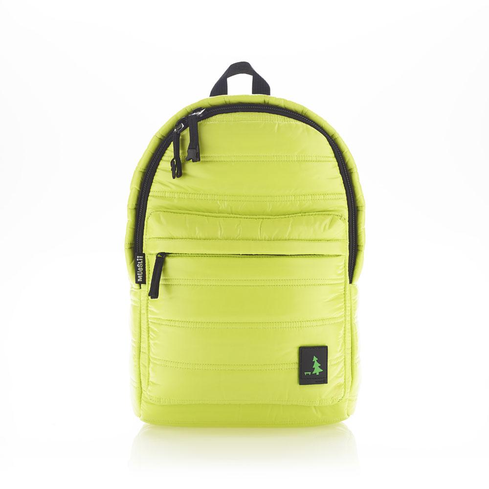 Mueslii original puffer daily backpack made of high density nylon and Ykk zips, color electric lime, front view.