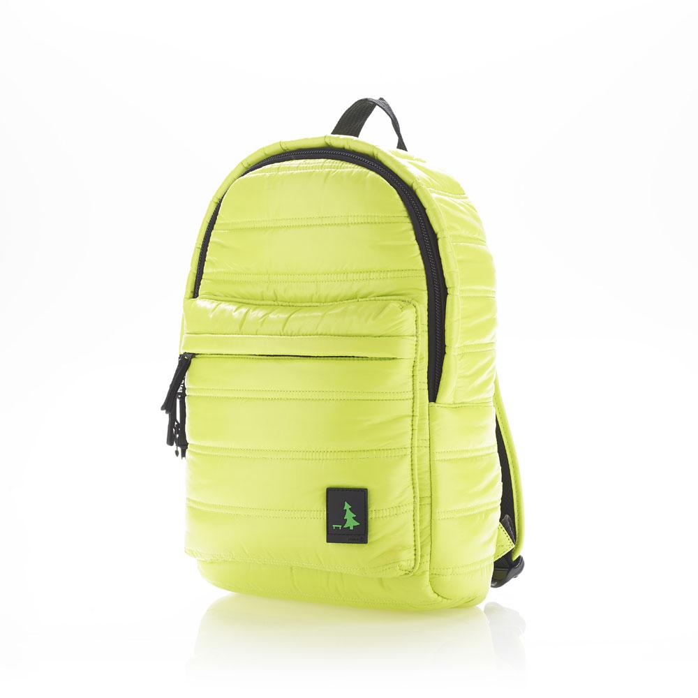 Mueslii original puffer daily backpack made of high density nylon and Ykk zips, color electric lime, unisex model.