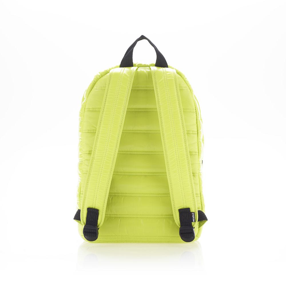 Mueslii original puffer daily backpack made of high density nylon and Ykk zips, color electric lime, back view.