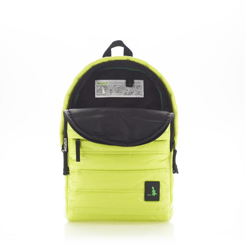Mueslii original puffer daily backpack made of high density nylon and Ykk zips, color electric lime, inside view.