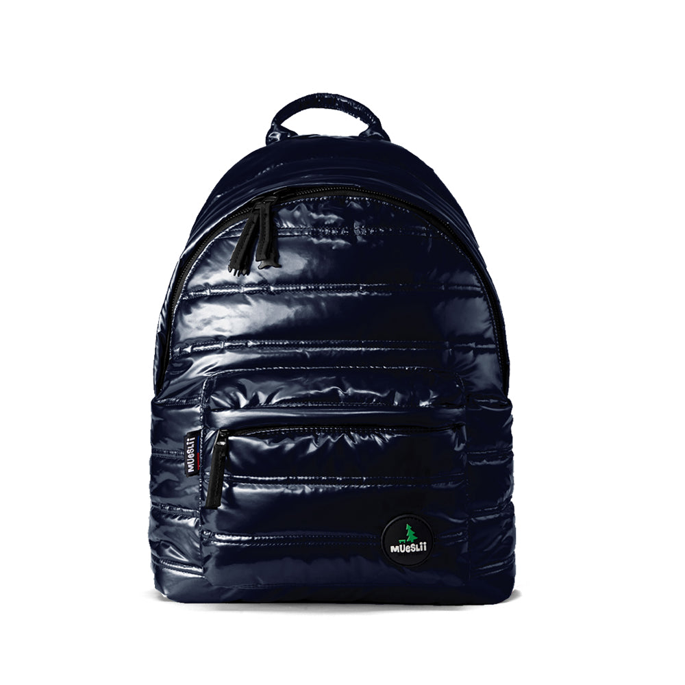 Mueslii original puffer daily backpack made of metal coated nylon and Ykk zips, color dark blue, front view.