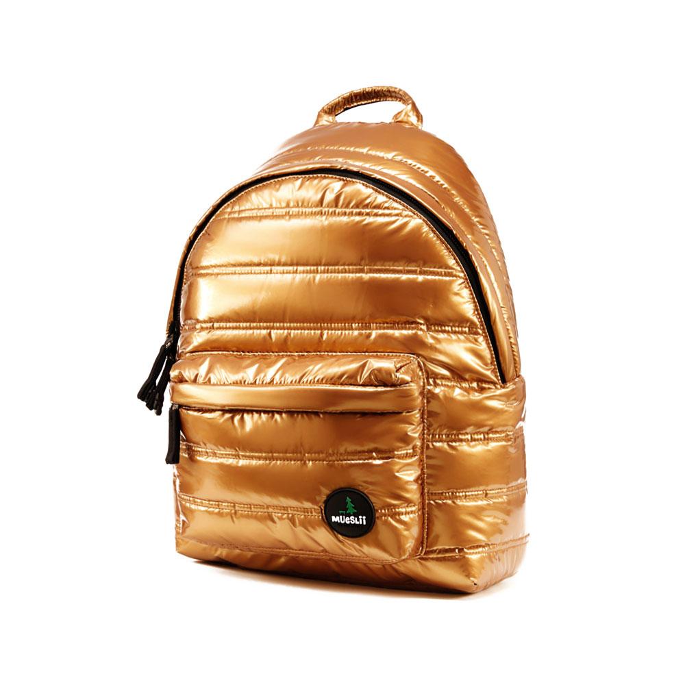 Mueslii original puffer daily backpack made of metal coated nylon and Ykk zips, color gold, capacity 20 liters.