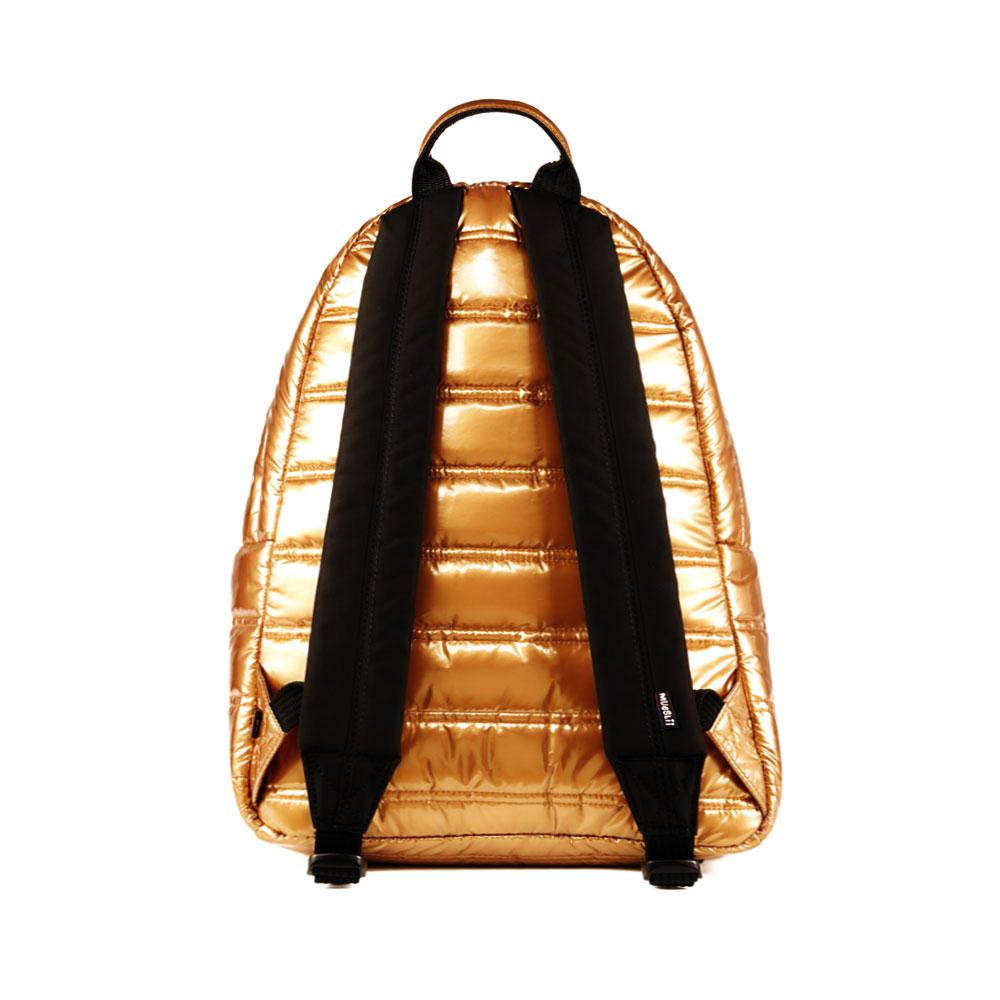 Mueslii original puffer daily backpack made of metal coated nylon and Ykk zips, color gold, back view.