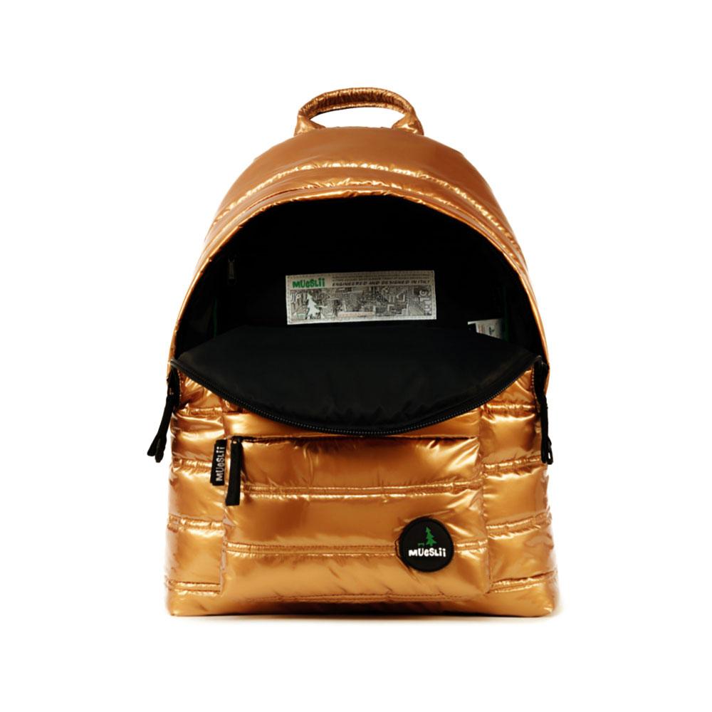 Mueslii original puffer daily backpack made of metal coated nylon and Ykk zips, color gold, inside view.