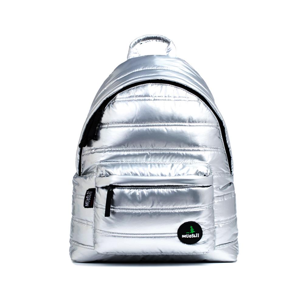 Mueslii original puffer daily backpack made of metal coated nylon and Ykk zips, color silver, front view.