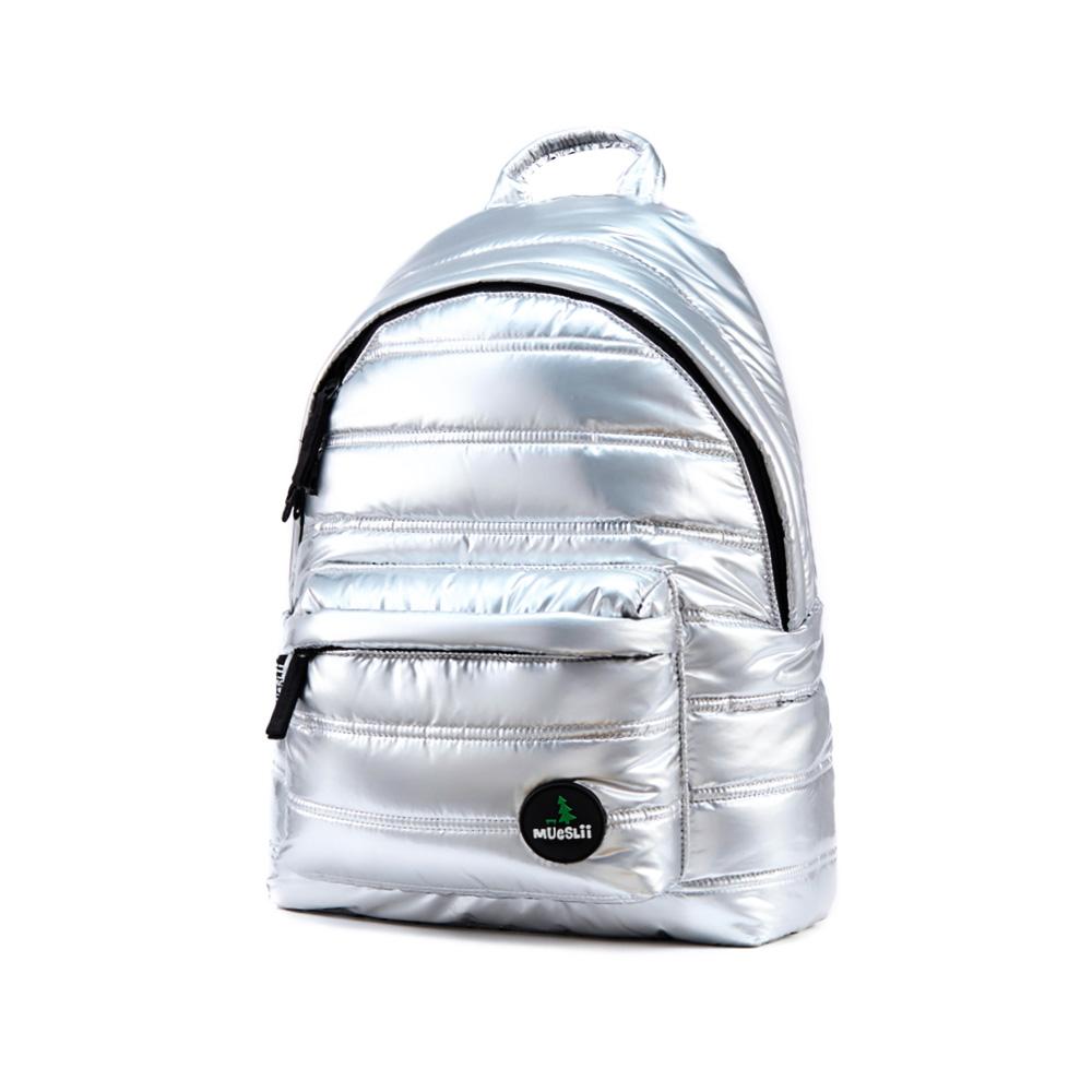 Mueslii original puffer daily backpack made of metal coated nylon and Ykk zips, color silver, zippered front pocket and inner pocket.