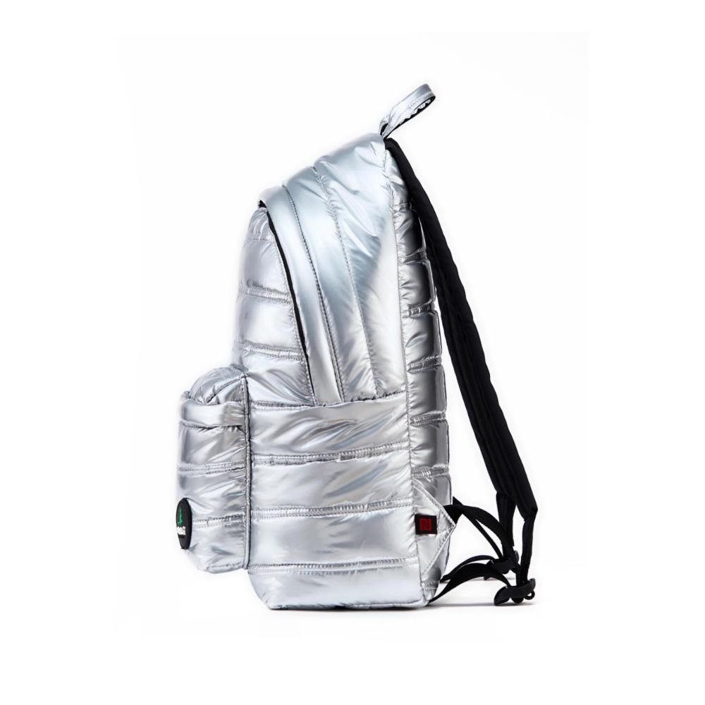 Mueslii original puffer daily backpack made of metal coated nylon and Ykk zips, color silver, side view.