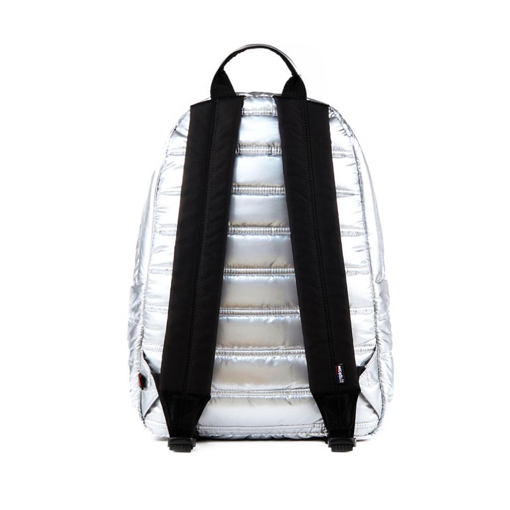 Mueslii original puffer daily backpack made of metal coated nylon and Ykk zips, color silver, back view.