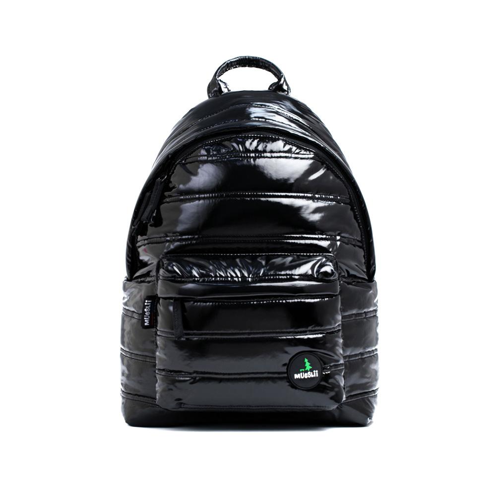 Mueslii original puffer daily backpack made of metal coated nylon and Ykk zips, color  black, front view.