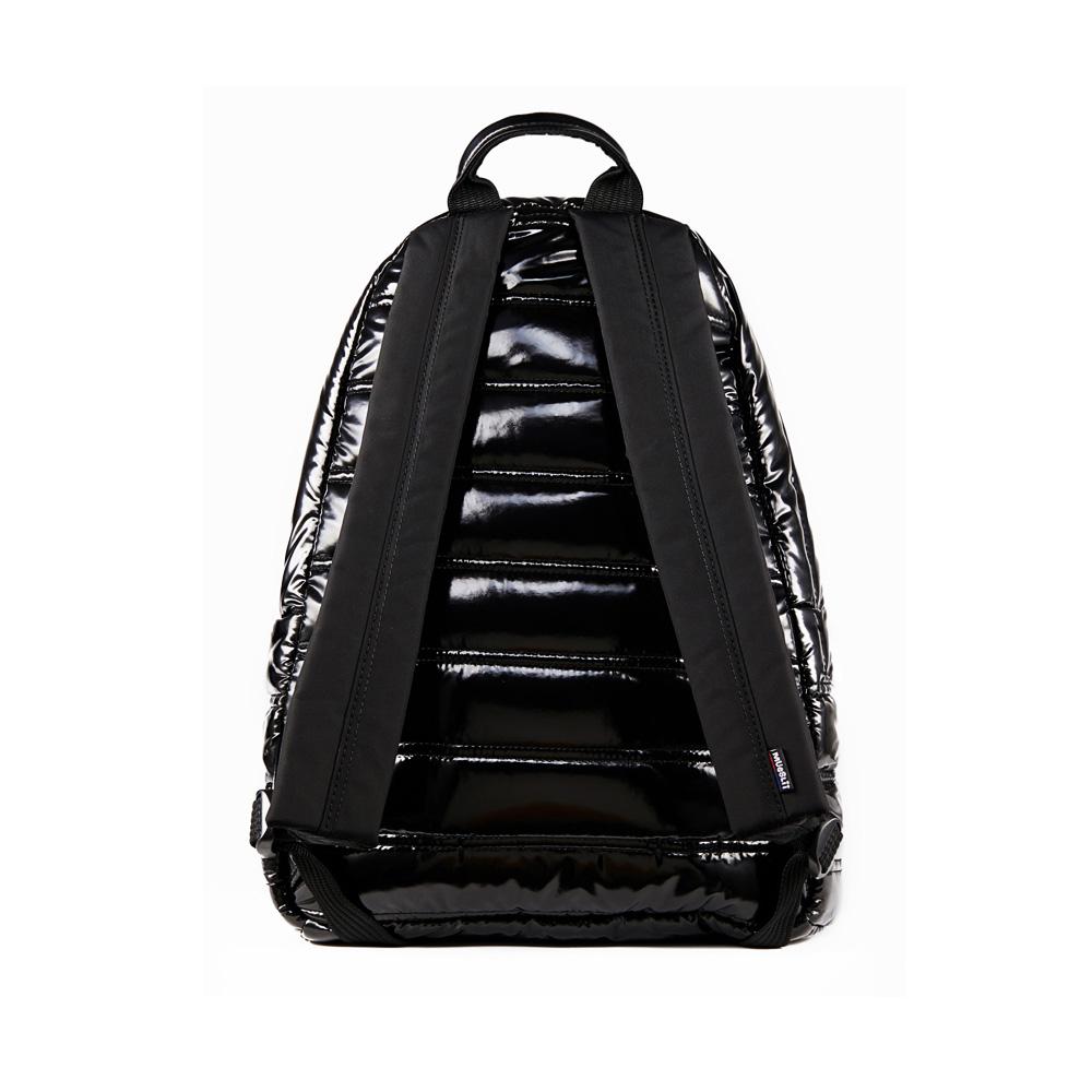 Mueslii original puffer daily backpack made of metal coated nylon and Ykk zips, color black, back view.