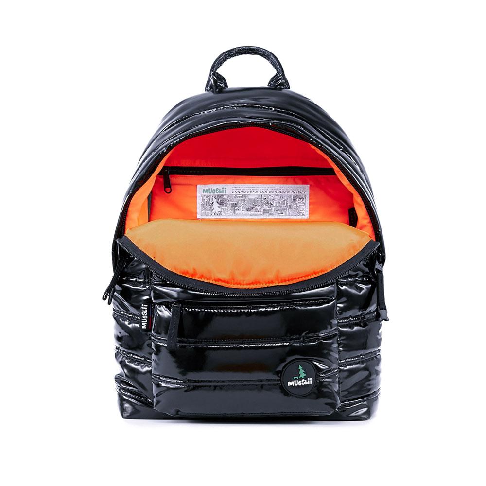 Mueslii original puffer daily backpack made of metal coated nylon and Ykk zips, color black, inside view.