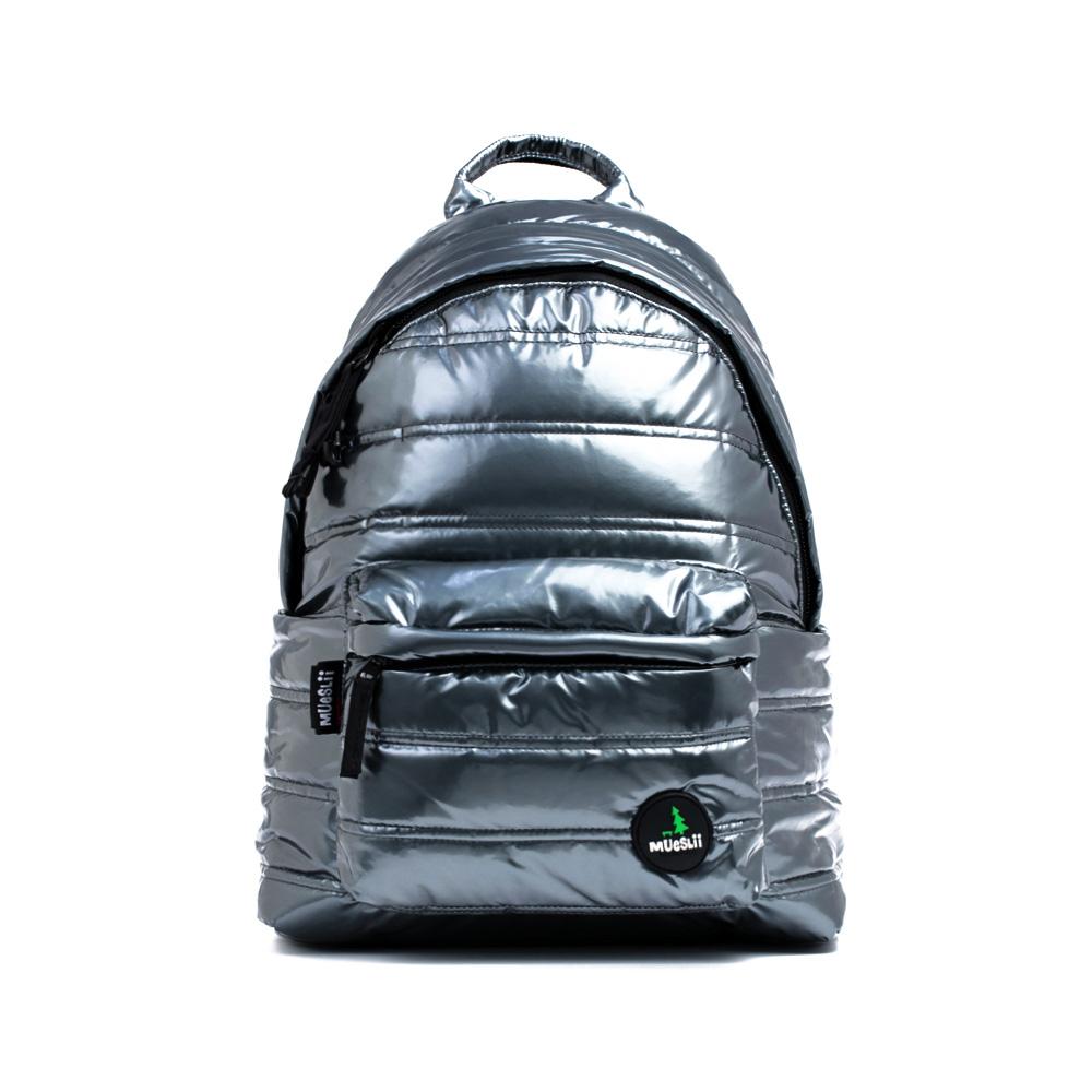 Mueslii original puffer daily backpack made of metal coated nylon and Ykk zips, color stone coal grey, front view.