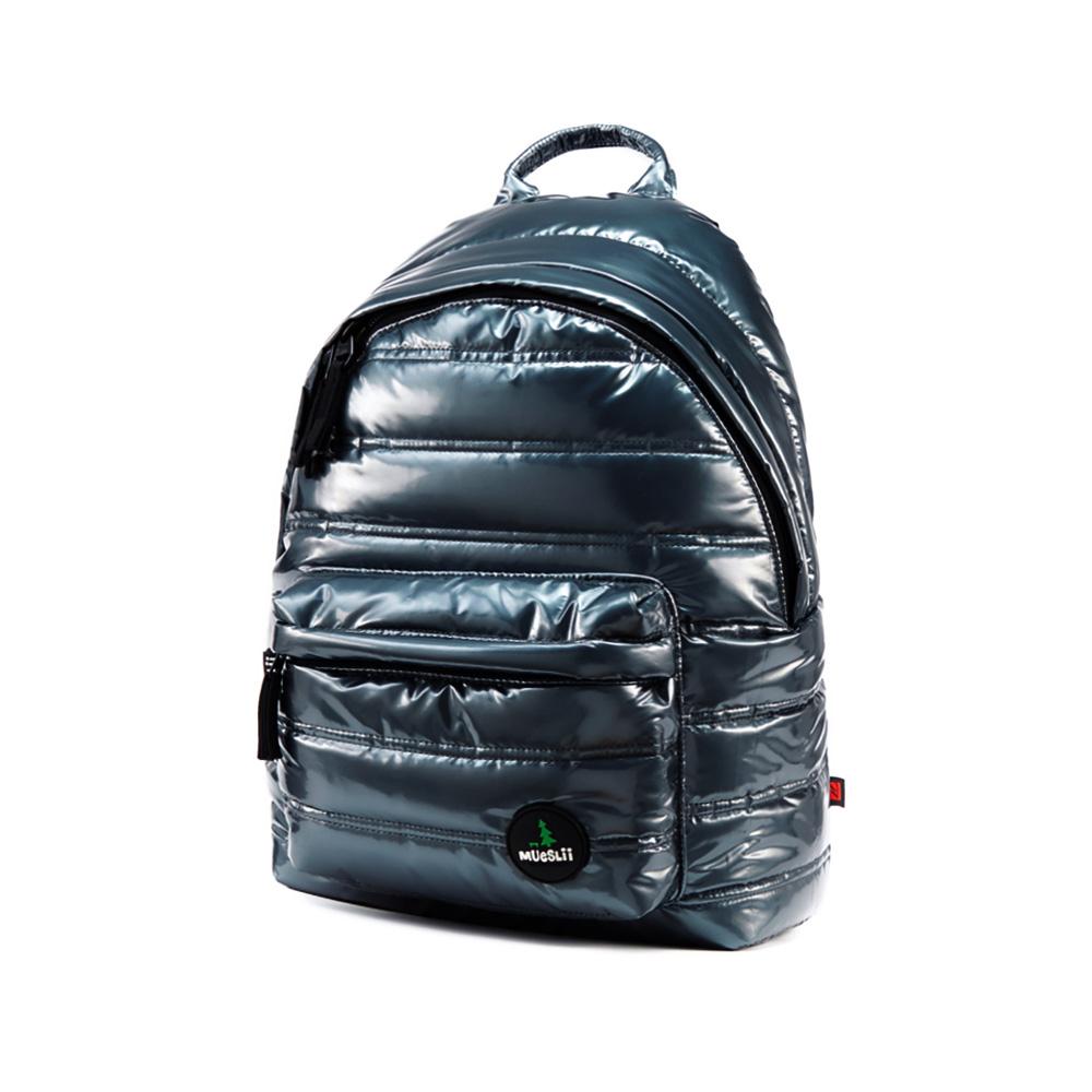 Mueslii original puffer daily backpack made of metal coated nylon and Ykk zips, color stone coal grey.Material: high density metal coated nylon.