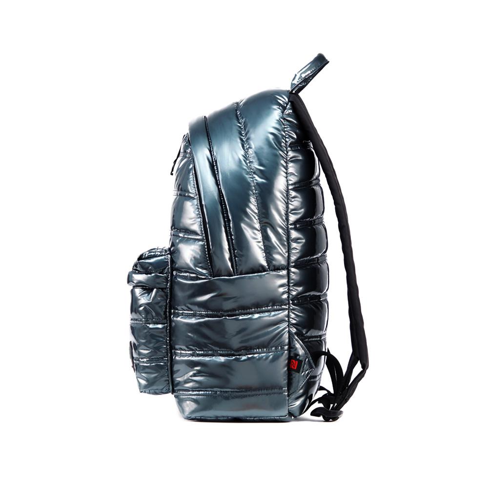 Mueslii original puffer daily backpack made of metal coated nylon and Ykk zips, color stone coal grey, side view.