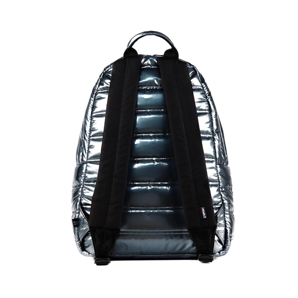 Mueslii original puffer daily backpack made of metal coated nylon and Ykk zips, color stone coal grey, back view.