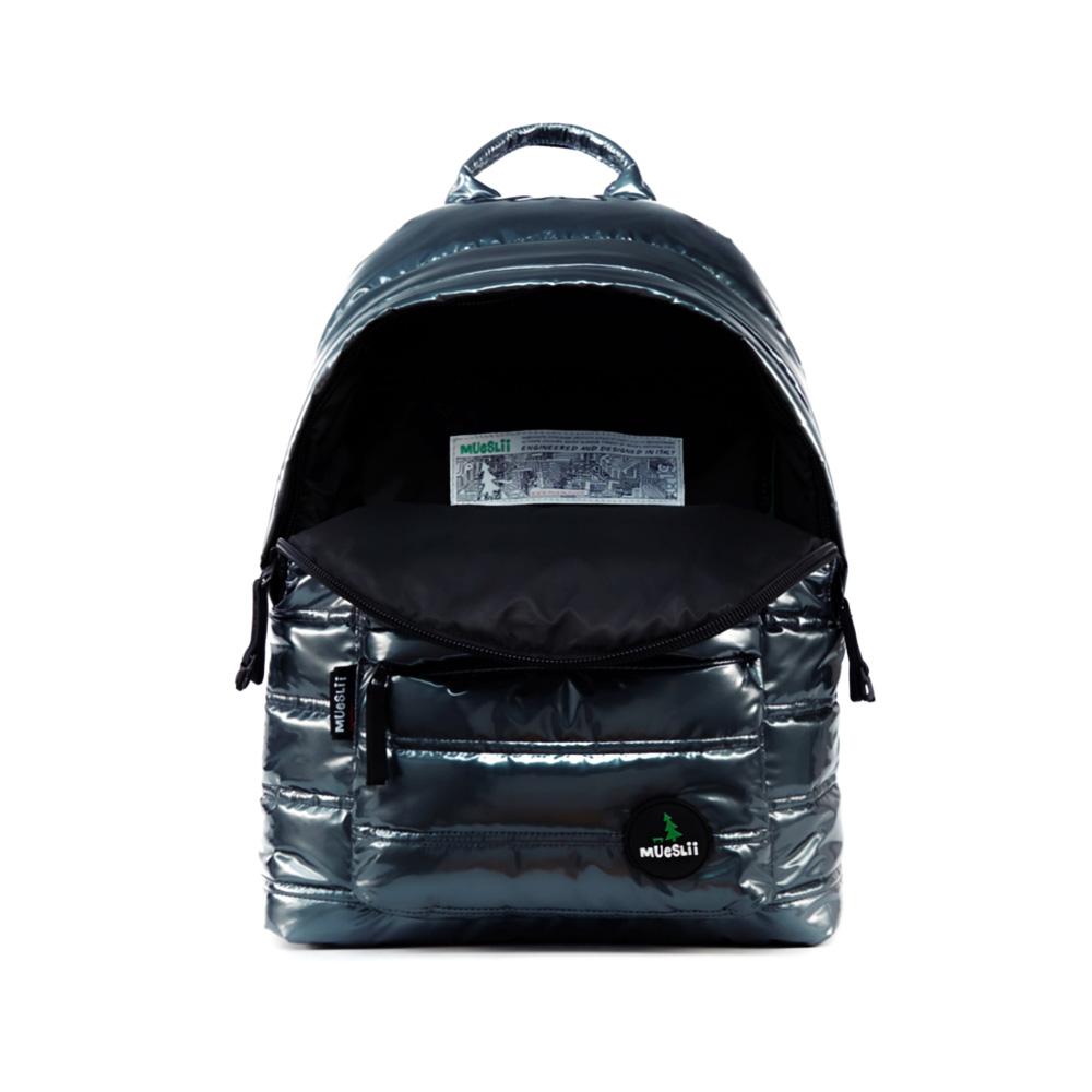 Mueslii original puffer daily backpack made of metal coated nylon and Ykk zips, color stone coal grey, inside view.