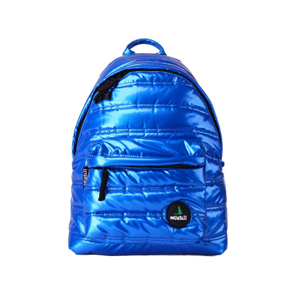 Mueslii original puffer daily backpack made of metal coated nylon and Ykk zips, color space blue, front view.