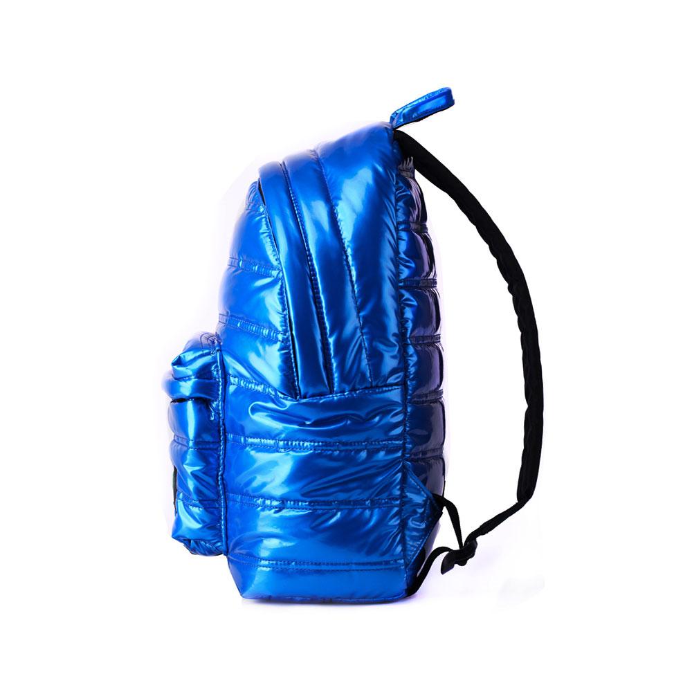 Mueslii original puffer daily backpack made of metal coated nylon and Ykk zips, color space blue, side view.