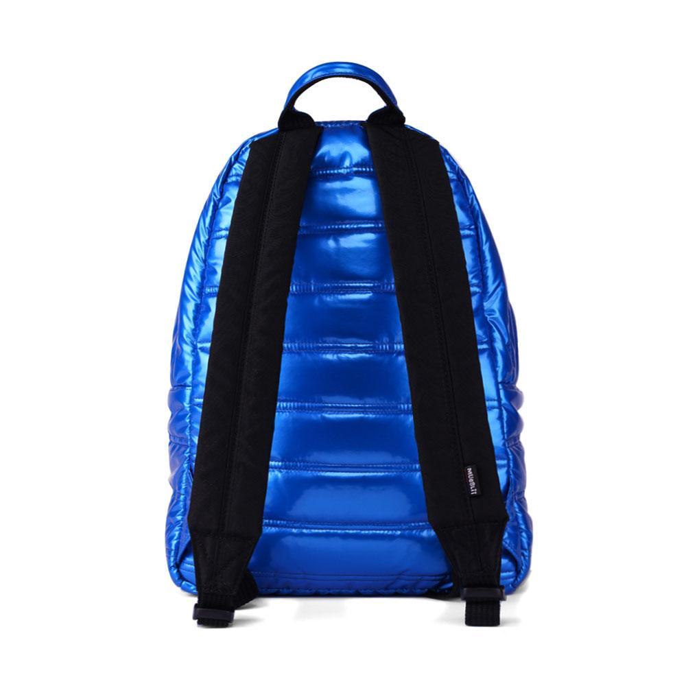 Mueslii original puffer daily backpack made of metal coated nylon and Ykk zips, color space blue, back view.
