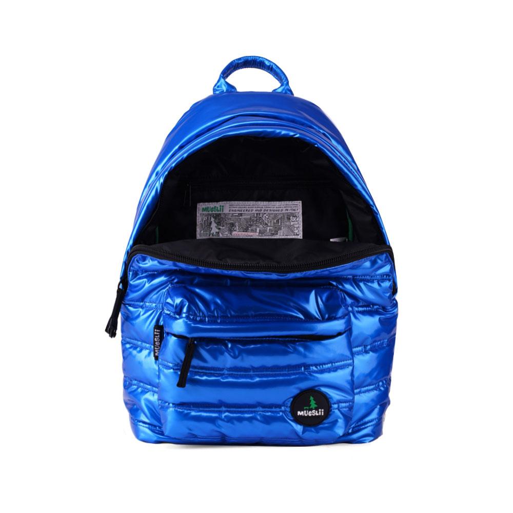 Mueslii original puffer daily backpack made of metal coated nylon and Ykk zips, color space blue, inside view.