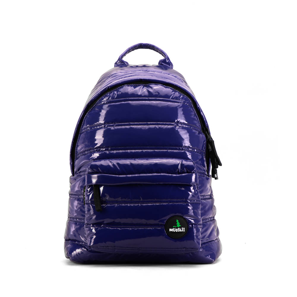 Mueslii original puffer daily backpack made of metal coated nylon and Ykk zips, color purple blue, front view.