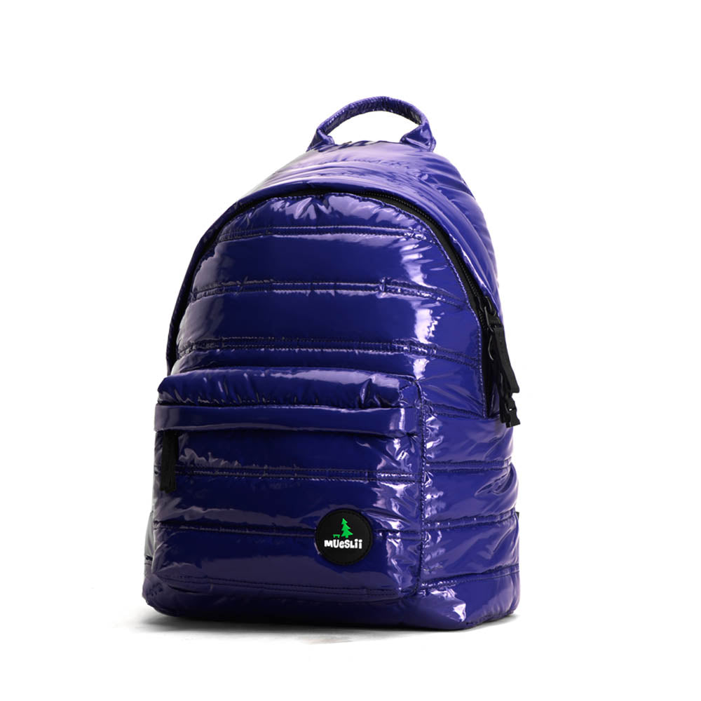 Mueslii original puffer daily backpack made of metal coated nylon and Ykk zips, color purple blue, small size.