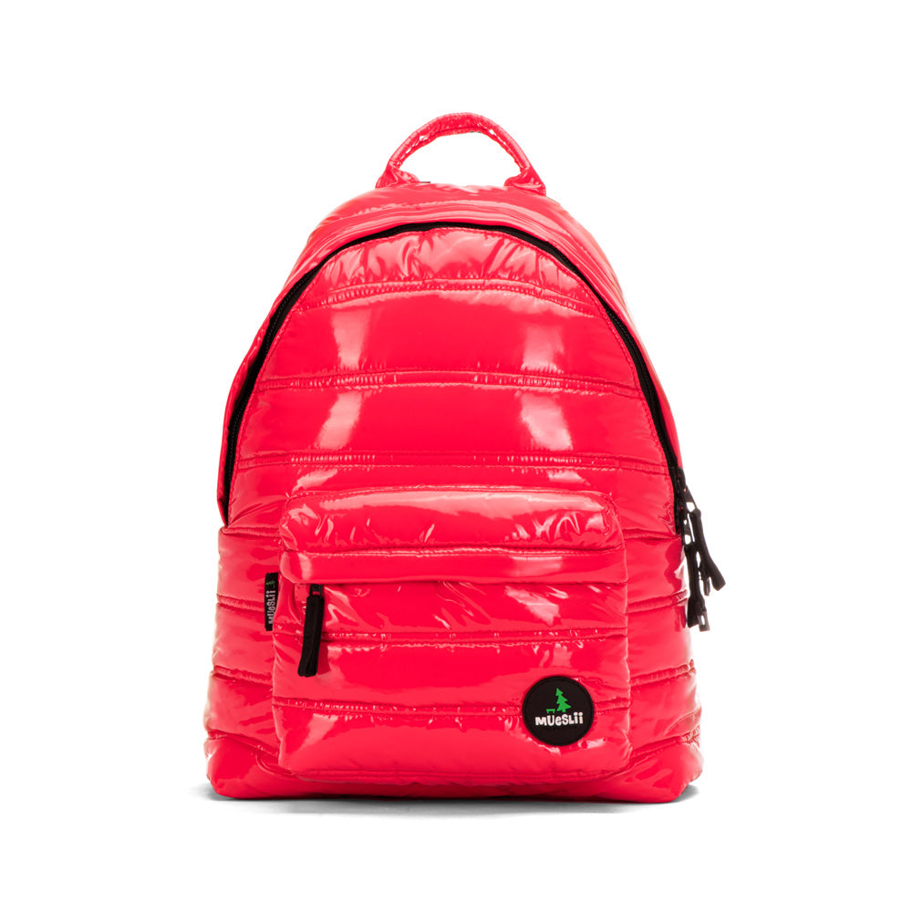 Mueslii original puffer daily backpack made of metal coated nylon and Ykk zips, color pink red, front view.