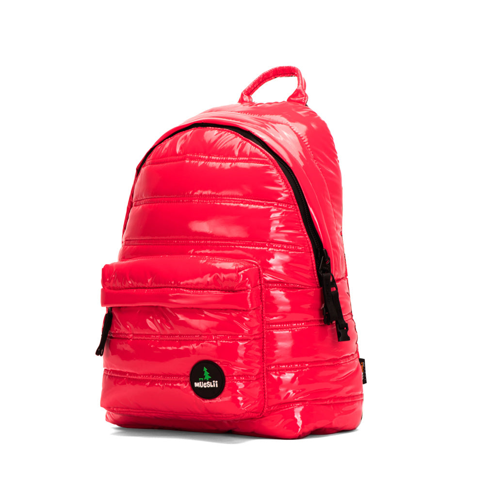 Mueslii original puffer daily backpack made of metal coated nylon and Ykk zips, color pink red, small and light.