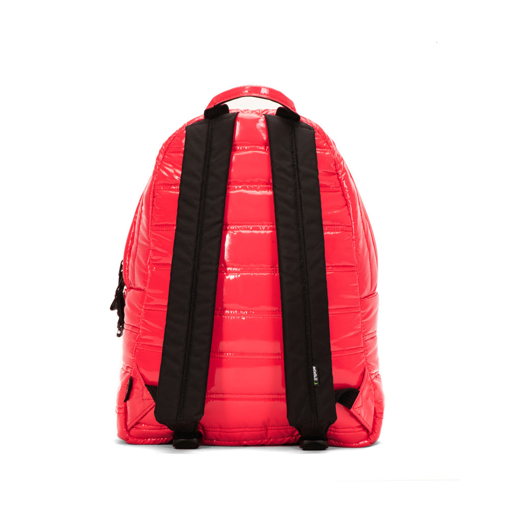 Mueslii original puffer daily backpack made of metal coated nylon and Ykk zips, color pink red, back view.