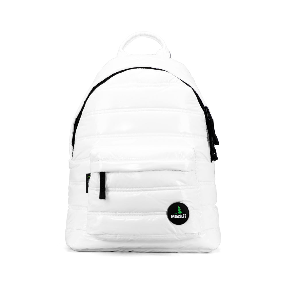Mueslii original puffer daily backpack made of metal coated nylon and Ykk zips, color white, front view.