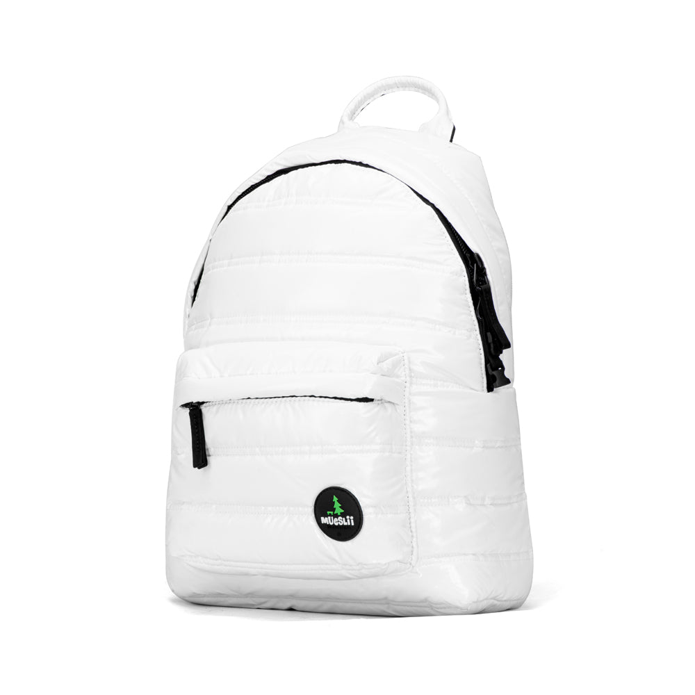 Mueslii original puffer daily backpack made of metal coated nylon and Ykk zips, color white, small size.