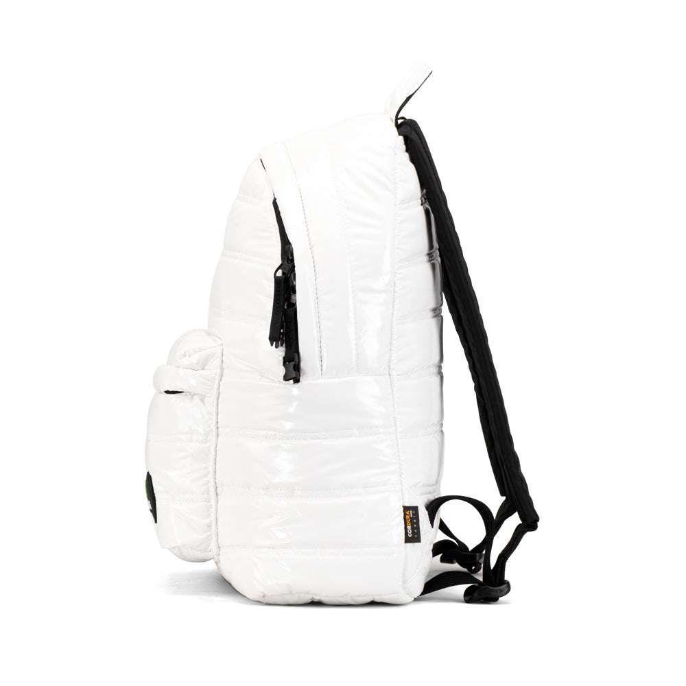Mueslii original puffer daily backpack made of metal coated nylon and Ykk zips, color white, side view.