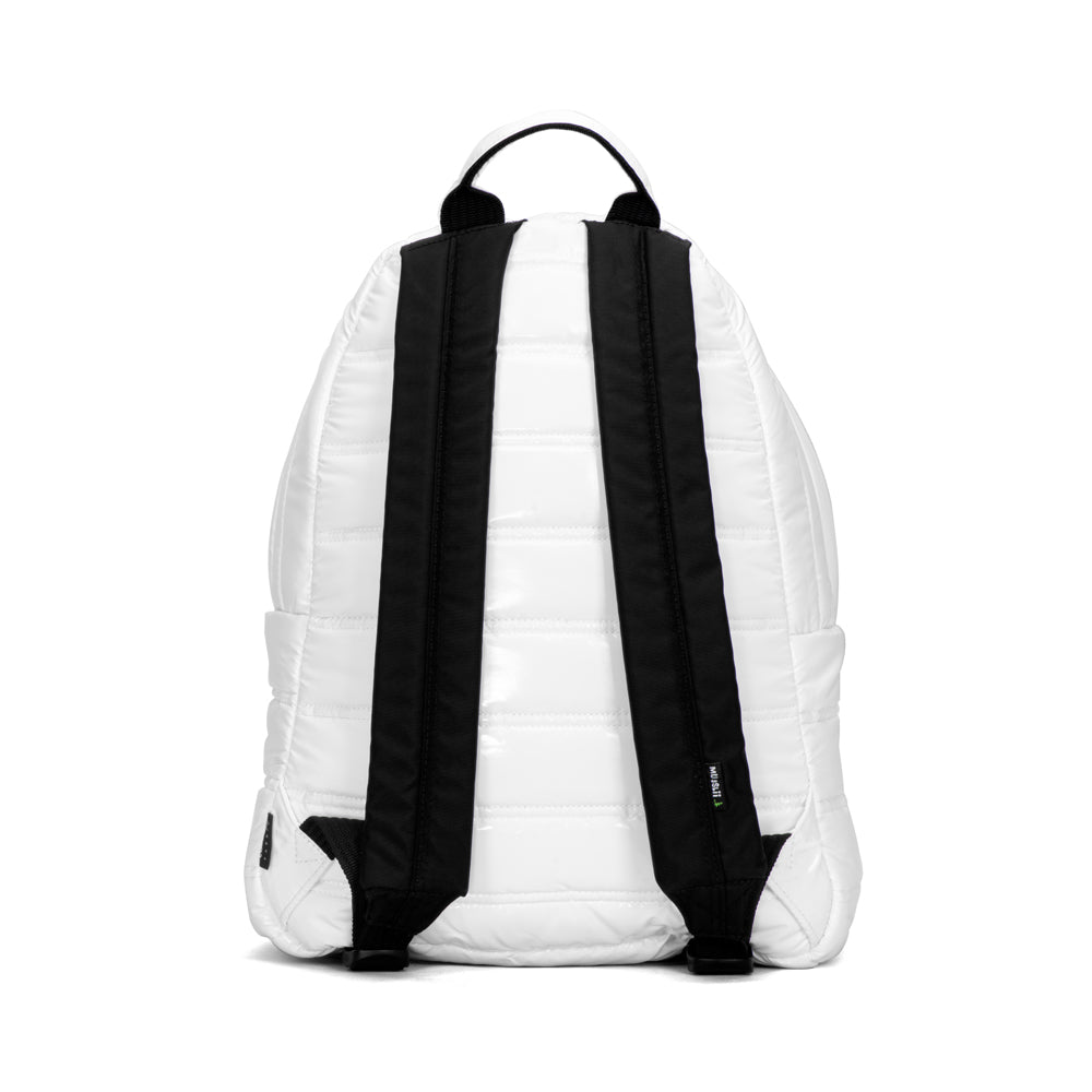Mueslii original puffer daily backpack made of metal coated nylon and Ykk zips, color white, back view.