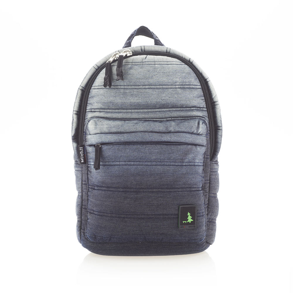 Mueslii original puffer daily backpack made of high density nylon and Ykk zips, color stone washed denim, front view.
