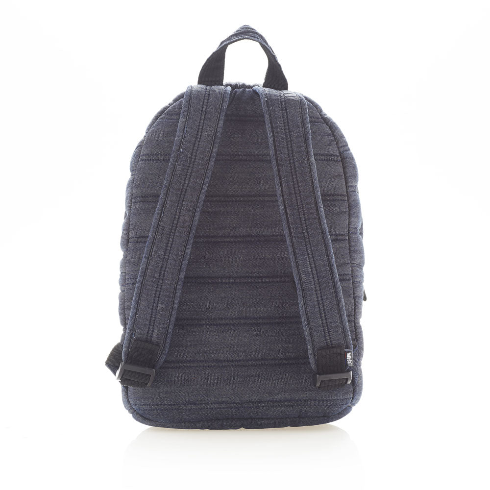 Mueslii original puffer daily backpack made of high density nylon and Ykk zips, color stone washed denim, back view.