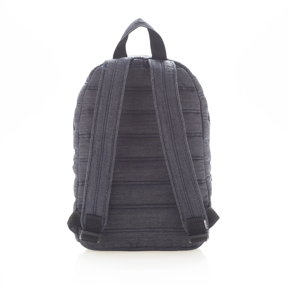 Mueslii original puffer daily backpack made of high density nylon and Ykk zips, color navy denim, back view.