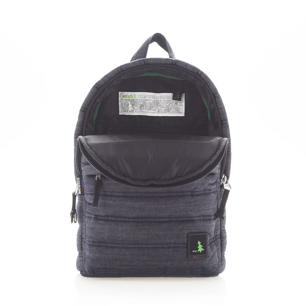 Mueslii original puffer daily backpack made of high density nylon and Ykk zips, color navy denim, inside view.