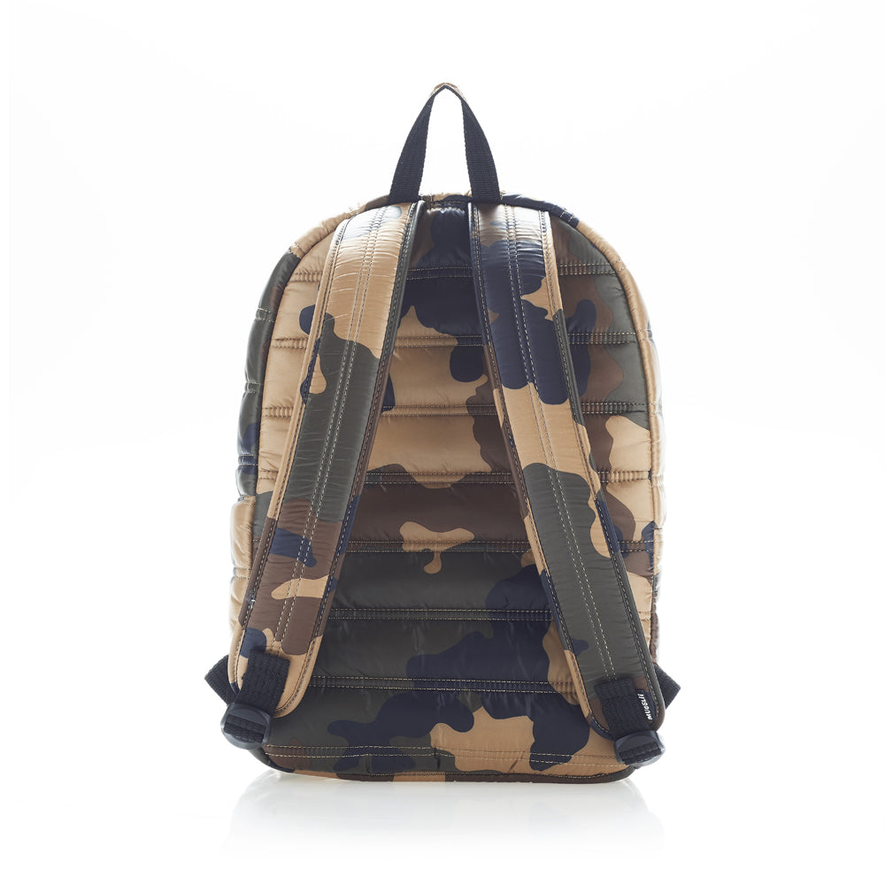 Mueslii original puffer daily backpack made of high density nylon and Ykk zips, color camo, back view.