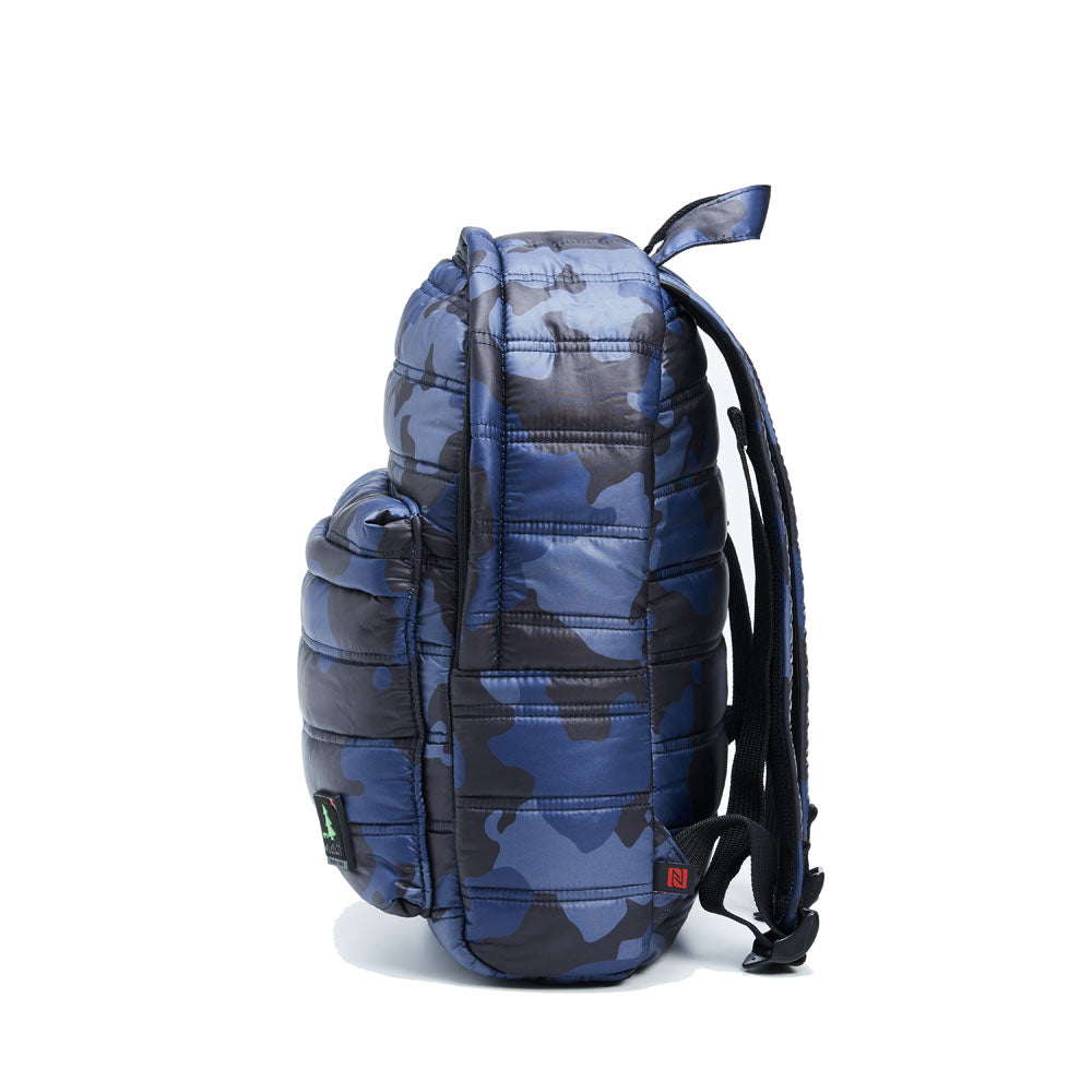 Mueslii original puffer daily backpack made of high density nylon and Ykk zips, color navy camo, side view.