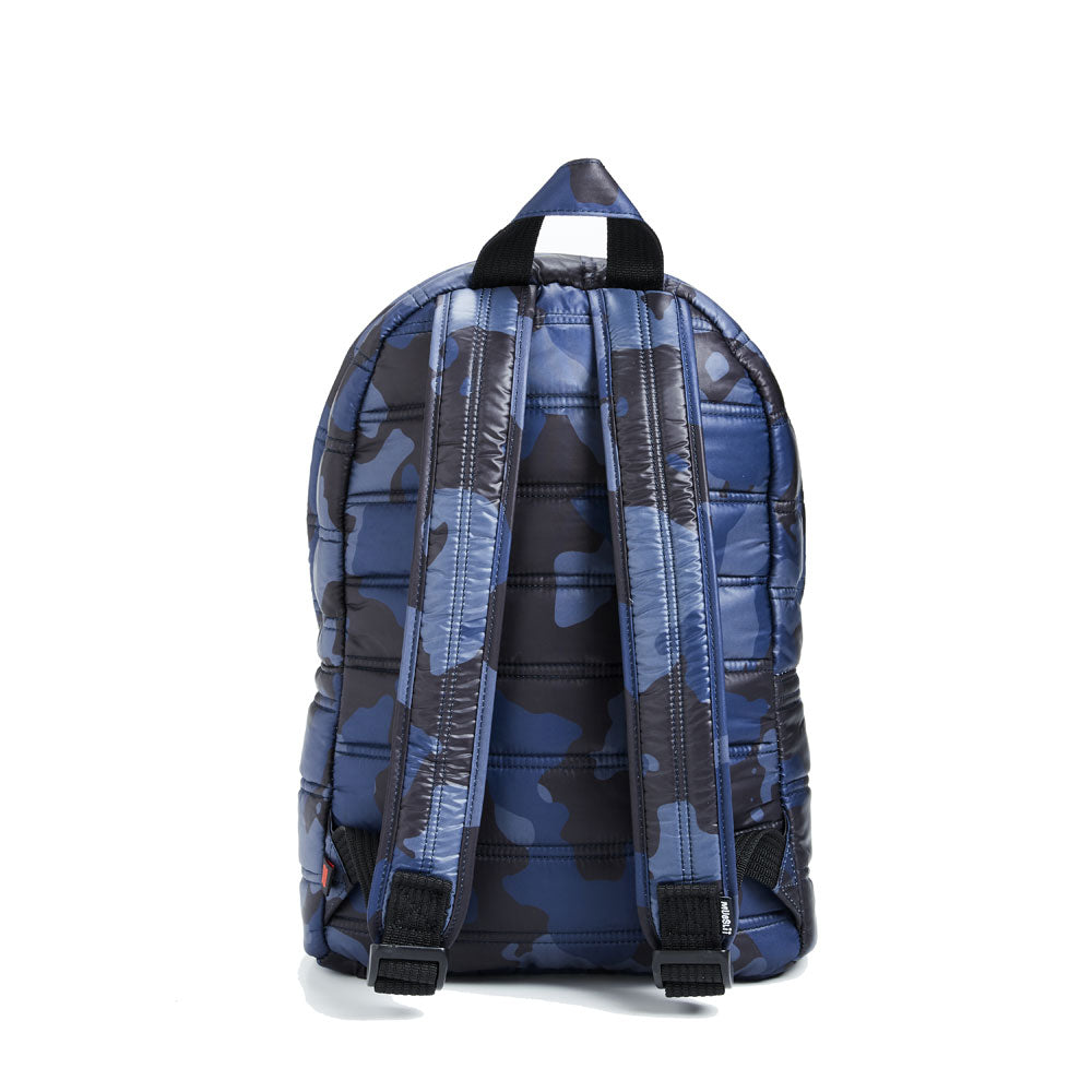 Mueslii original puffer daily backpack made of high density nylon and Ykk zips, color navy camo, back view.