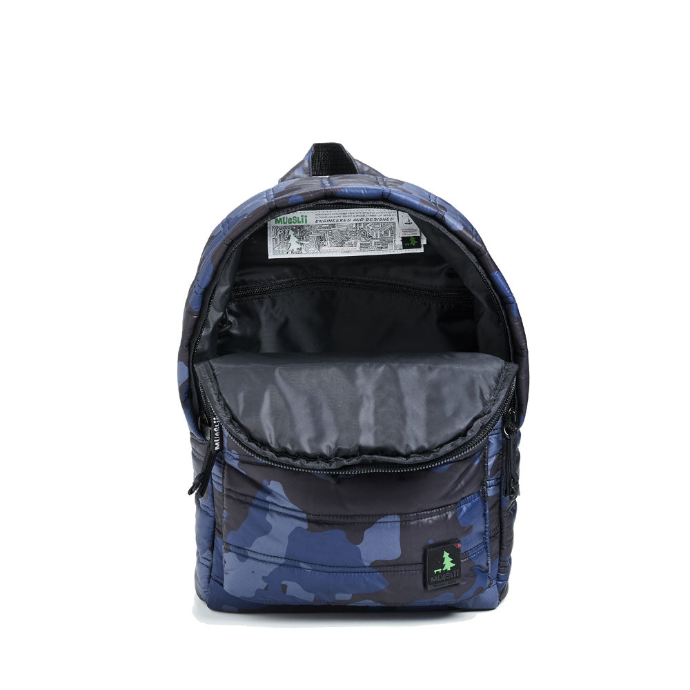 Mueslii original puffer daily backpack made of high density nylon and Ykk zips, color navy camo, inside view.
