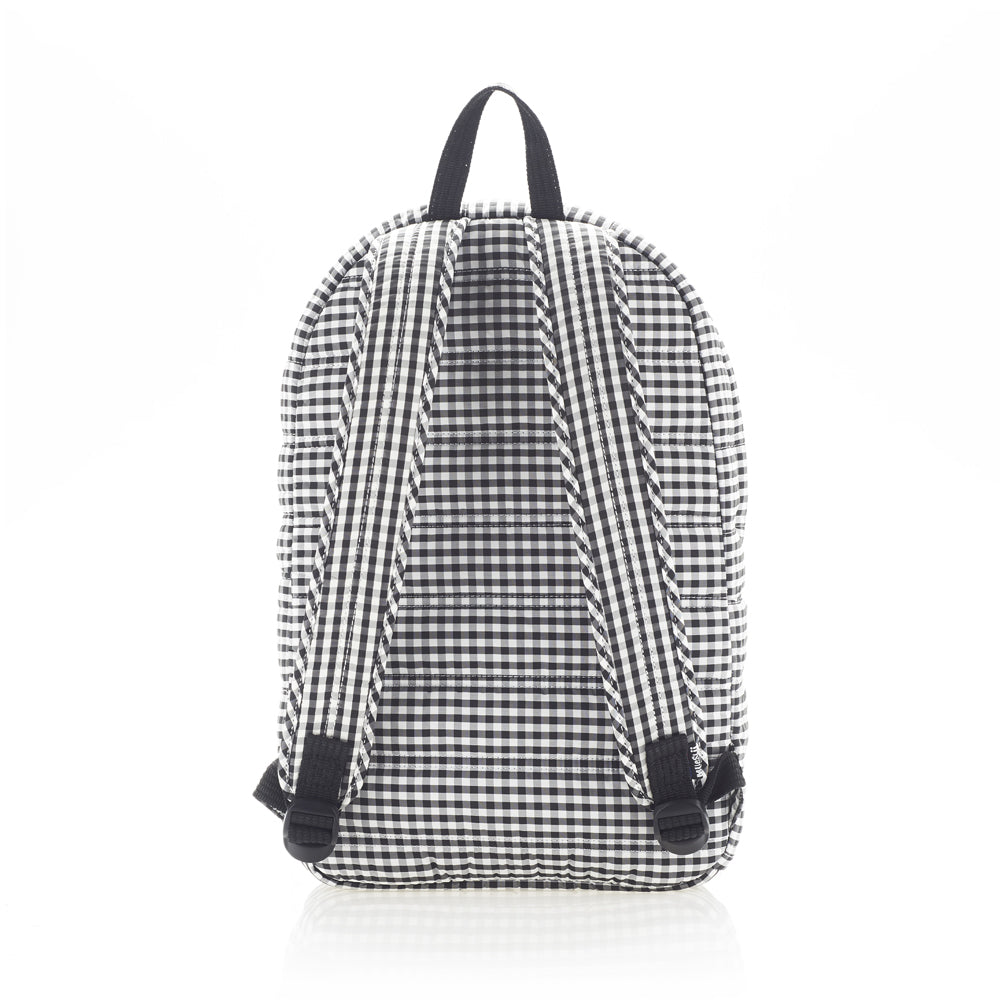 Mueslii original puffer daily backpack made of high density nylon and Ykk zips, color chequered, back view.