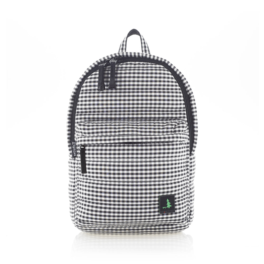 Mueslii original puffer daily backpack made of high density nylon and Ykk zips, printed fabric, color black and white, chequered, front view.